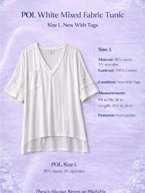 POL White Tunic Top Mixed Fabric Rayon Cotton Oversized Size L NWT